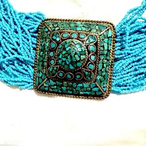 Turquoise Mosaic Multi-Strand Beaded Choker Necklace